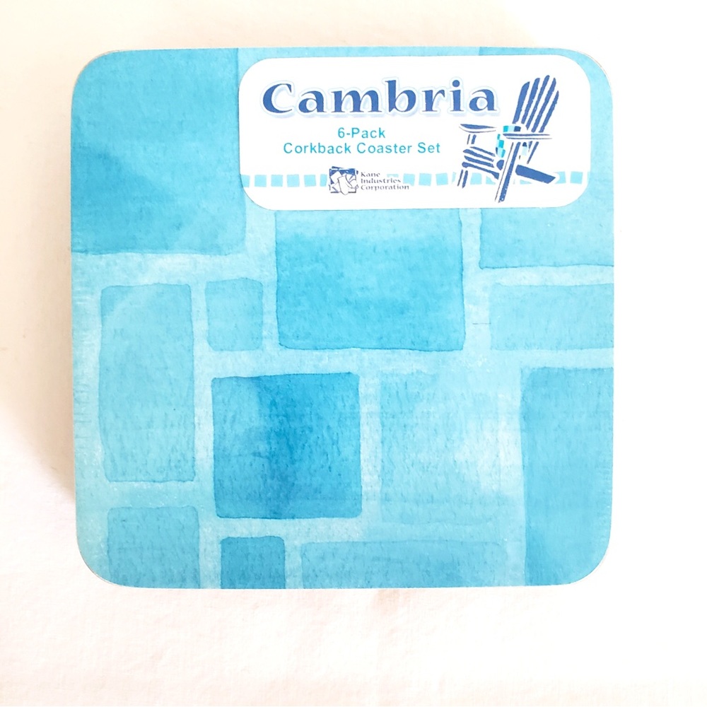 CAMBRIA 6PK CORKBACK COASTER SET BLUE/AQUA MOSAIC NEW